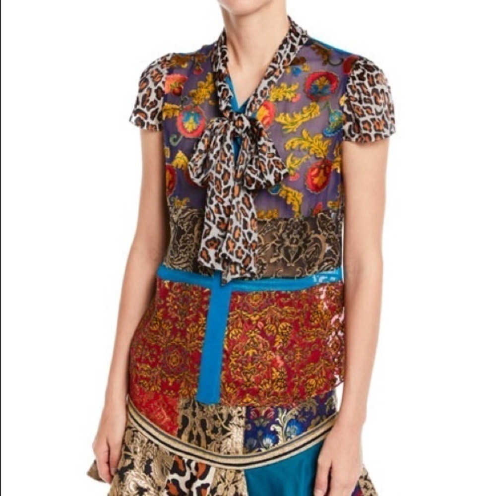ALICE + OLIVIA Jeannie Bow-Collar Mixed-Print Button-Front Blouse